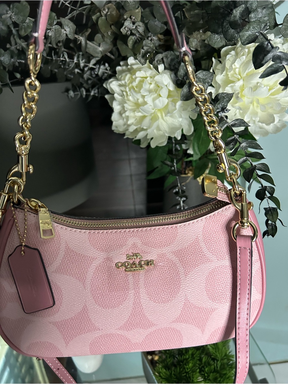 Coach Pink Signature Mini Shoulder Bag with Gold Hardware